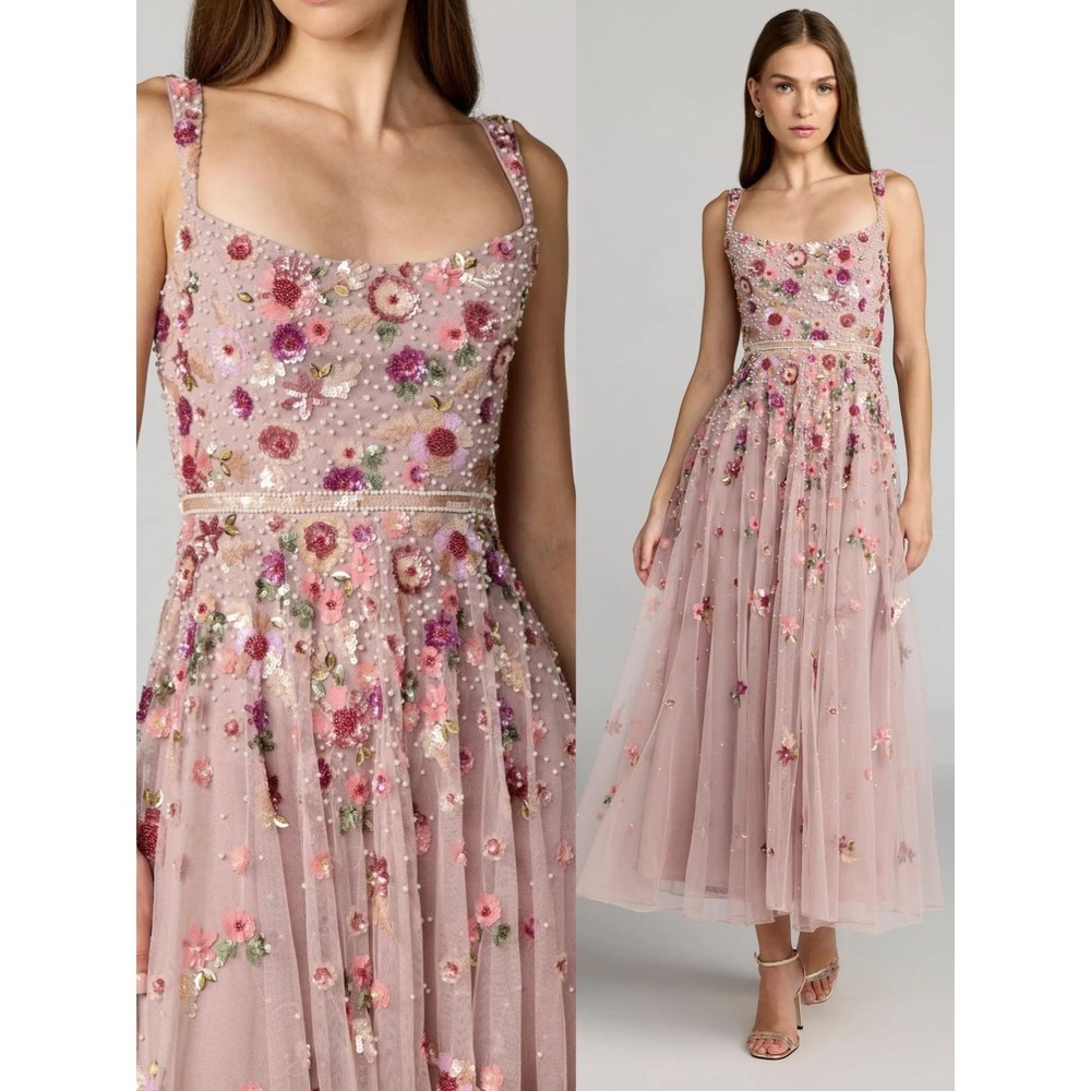 Mac Duggal Rose Pink Floral Hand Embellished Scoop Neck Midi Dress $698 - Size 6